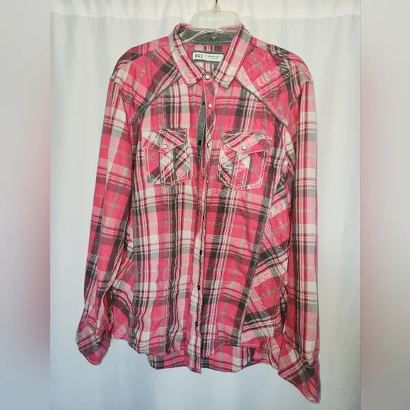BKE Pink and Gray Plaid Shirt - Picture 1 of 5